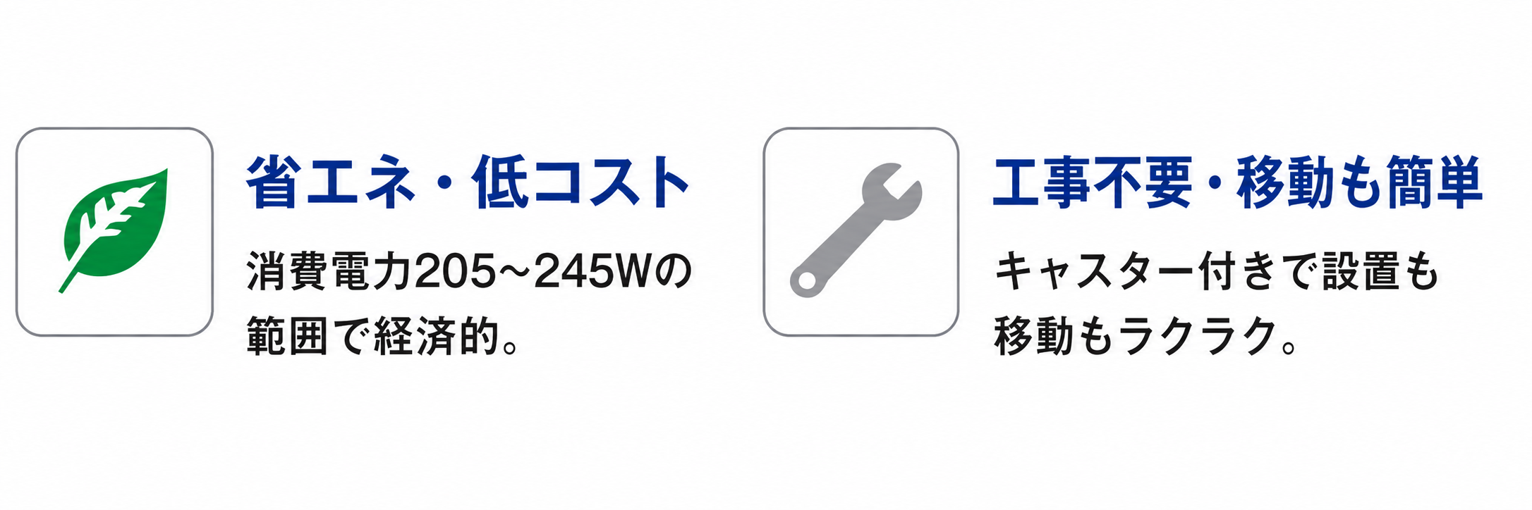 省エネ・低コスト：消費電力205～245Wの範囲で経済的。工事不要・移動も簡単：キャスター付きで設置も移動もラクラク。