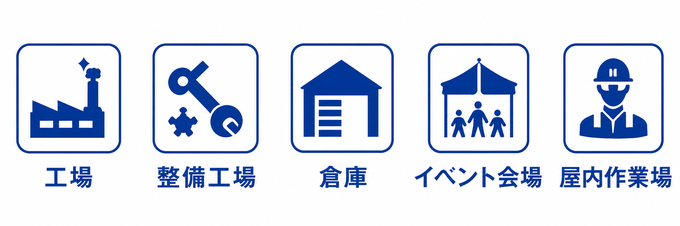 工場・整備工場・倉庫・イベント会場・屋内作業場での使用に対応